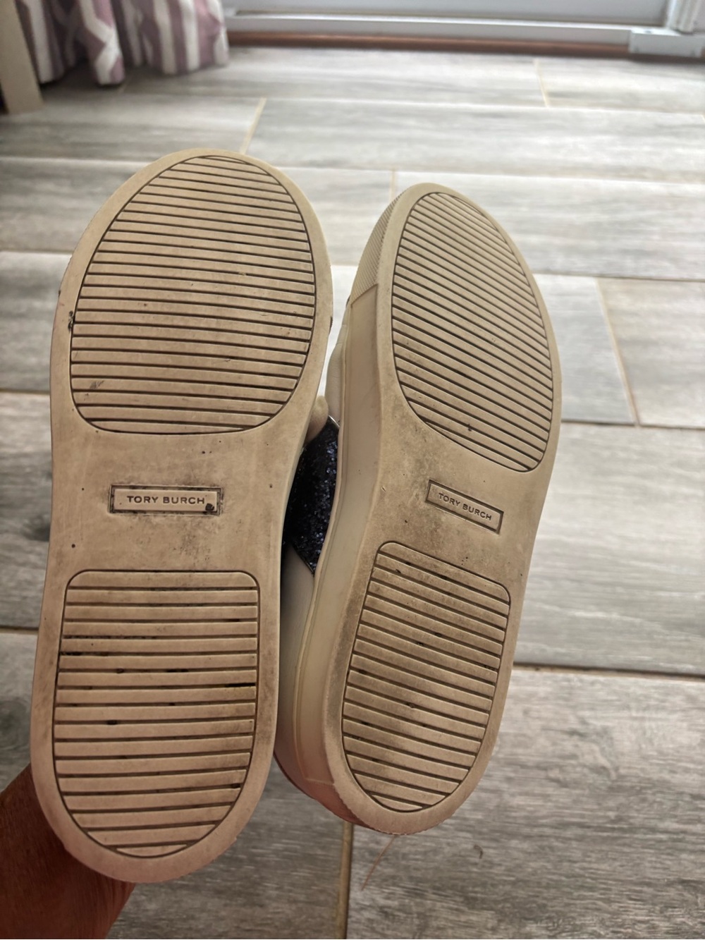 Tory Burch Classic white leather lace up sneakers with navy glitter side panels. - Picture 7 of 7